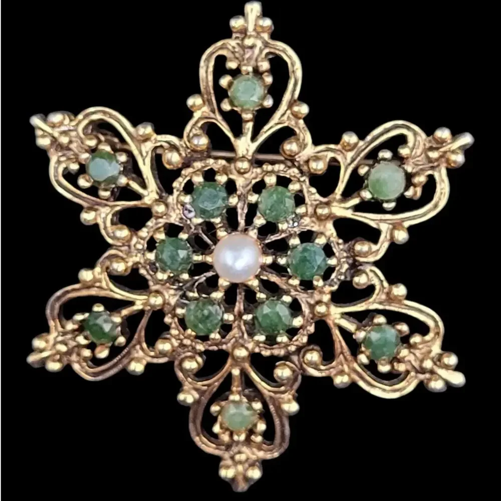 Gold-Plated Vintage Starburst Brooch Faceted Green Stone –‎ Retro Chic Accessory